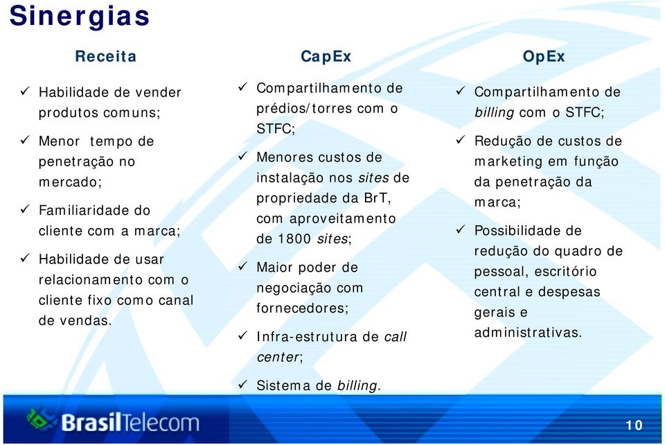 CapEx Compartilhamento de prédios/torres com o STFC; Menores custos de instalação nos sites de propriedade da BrT, com aproveitamento de 1800 sites; Maior poder de