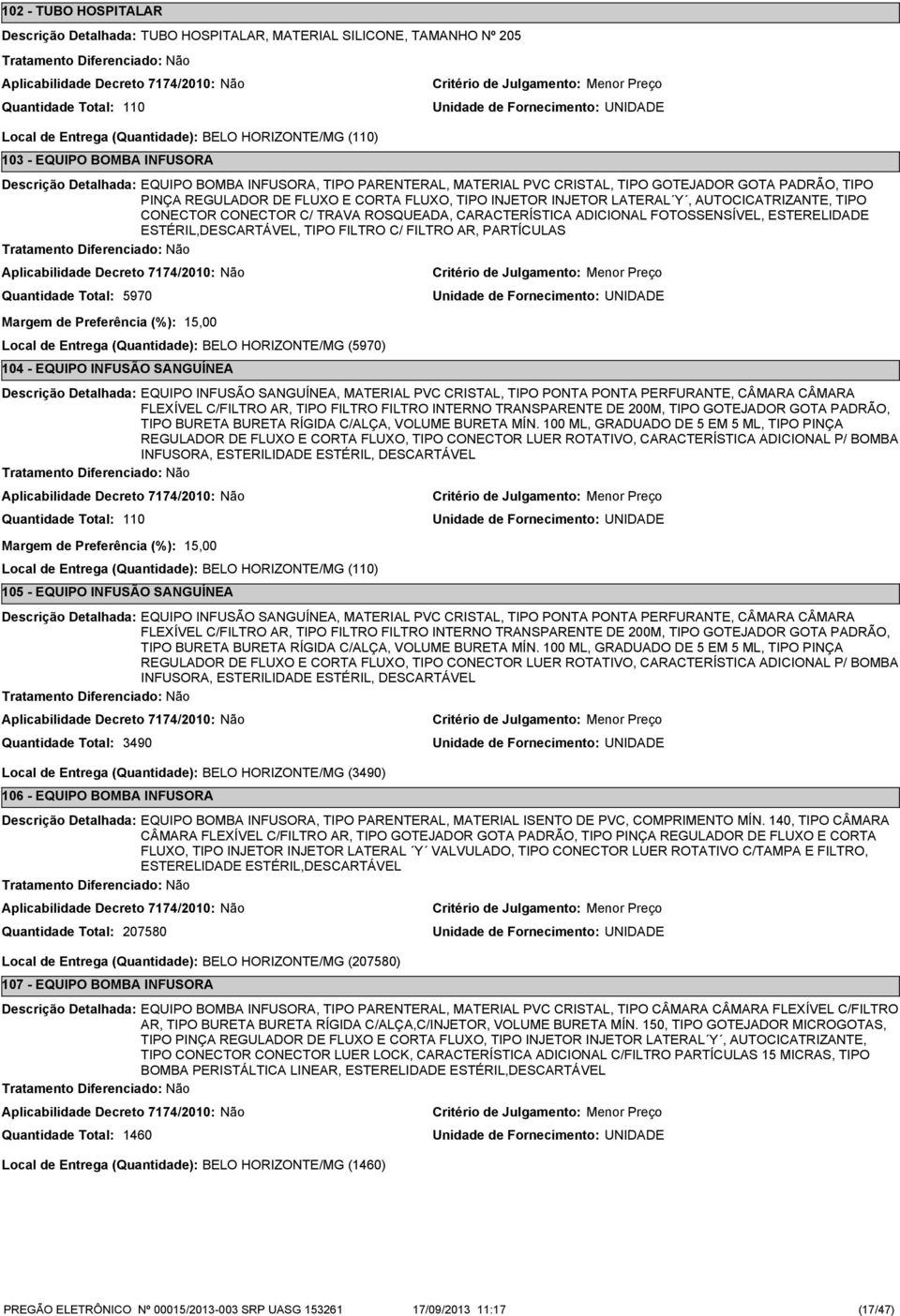 CARACTERÍSTICA ADICIONAL FOTOSSENSÍVEL, ESTERELIDADE ESTÉRIL,DESCARTÁVEL, TIPO FILTRO C/ FILTRO AR, PARTÍCULAS 5970 Local de Entrega (Quantidade): BELO HORIZONTE/MG (5970) 104 - EQUIPO INFUSÃO