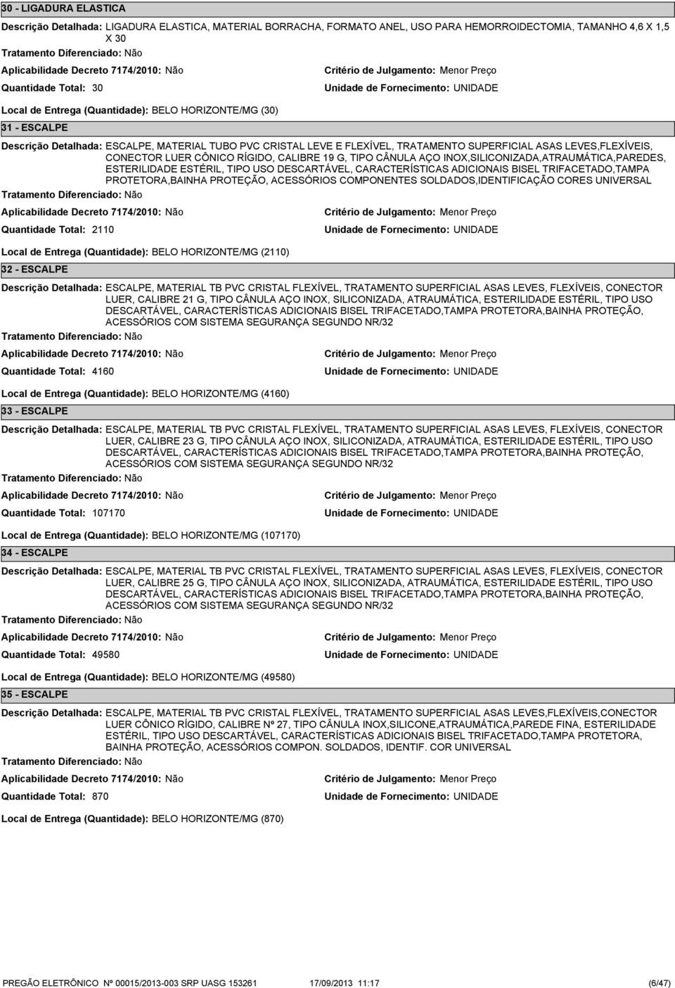 ADICIONAIS BISEL TRIFACETADO,TAMPA PROTETORA,BAINHA PROTEÇÃO, ACESSÓRIOS COMPONENTES SOLDADOS,IDENTIFICAÇÃO CORES UNIVERSAL 2110 Local de Entrega (Quantidade): BELO HORIZONTE/MG (2110) 32 - ESCALPE