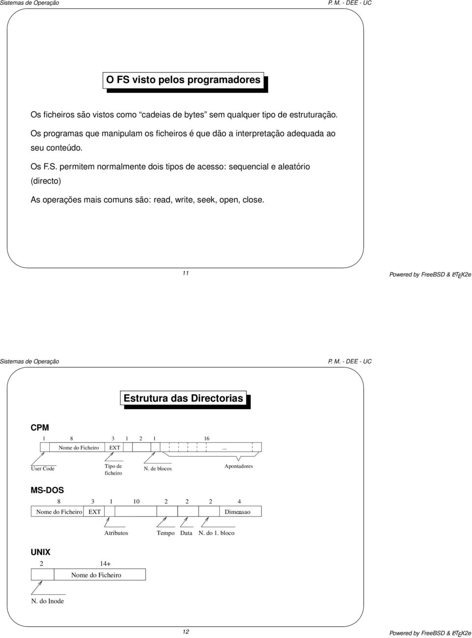 permitem normalmente dois tipos de acesso: sequencial e aleatório (directo) As operações mais comuns são: read, write, seek, open, close.