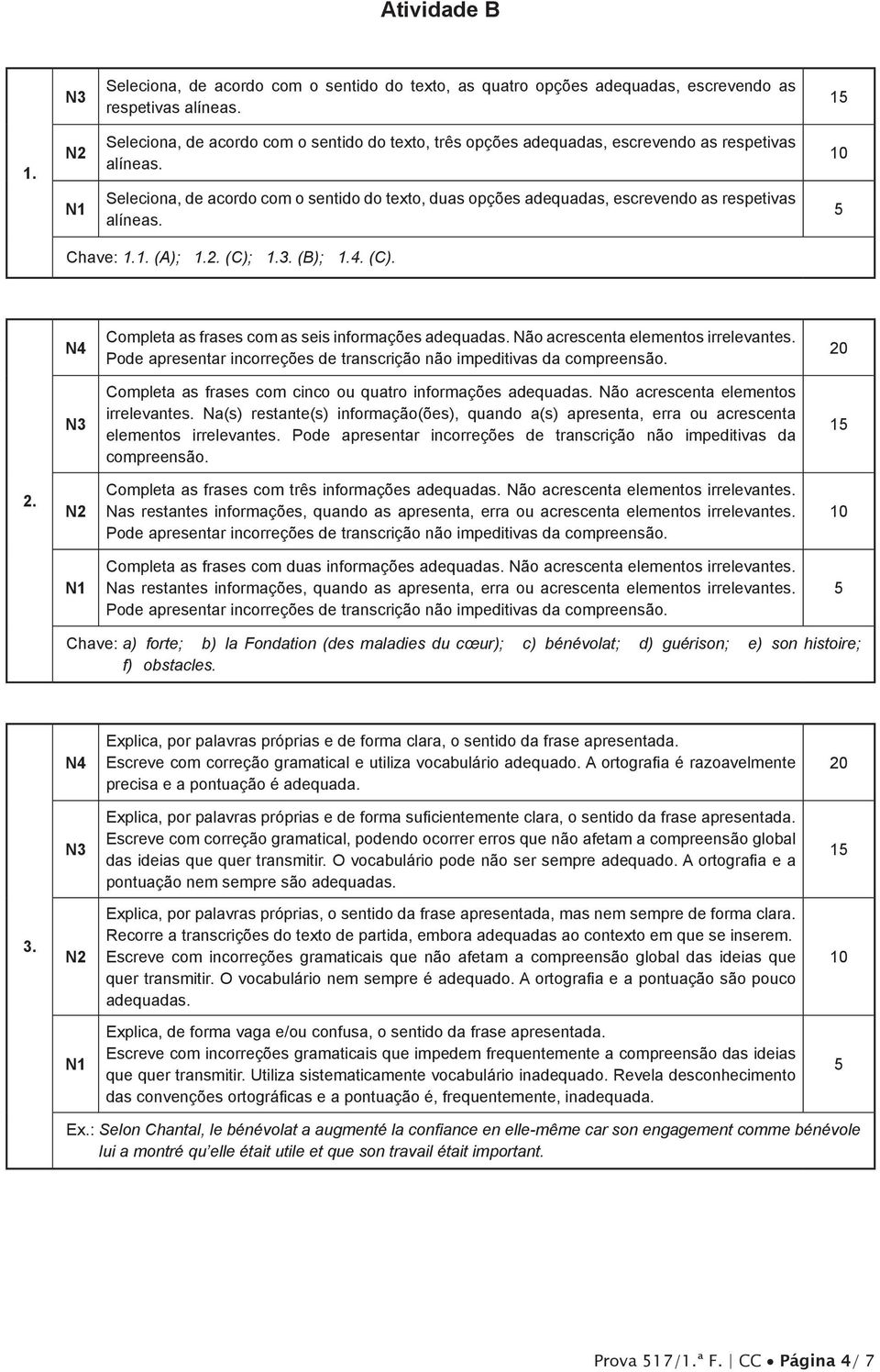 Seleciona, de acordo com o sentido do texto, duas opções adequadas, escrevendo as respetivas alíneas. Chave: 1.1. (A); 1.2. (C); 1.3. (B); 1.4. (C). N4 Completa as frases com as seis informações adequadas.