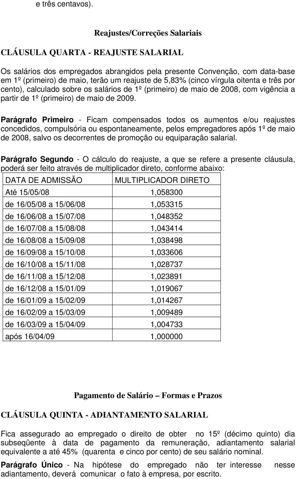 (cinco vírgula oitenta e três por cento), calculado sobre os salários de 1º (primeiro) de maio de 2008, com vigência a partir de 1º (primeiro) de maio de 2009.