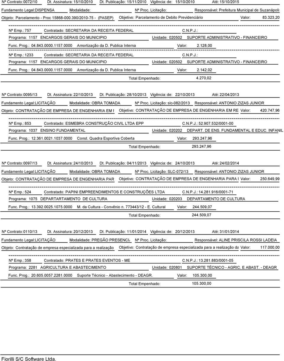 : 757 Contratado: SECRETARIA DA RECEITA FEDERAL C.N.P.J.: Programa: 1157 ENCARGOS GERAIS DO MUNICIPIO Unidade: 020502 SUPORTE ADMINISTRATIVO - FINANCEIRO Func. Prog.: 04.843.0000.1157.0000 Amortização da D.