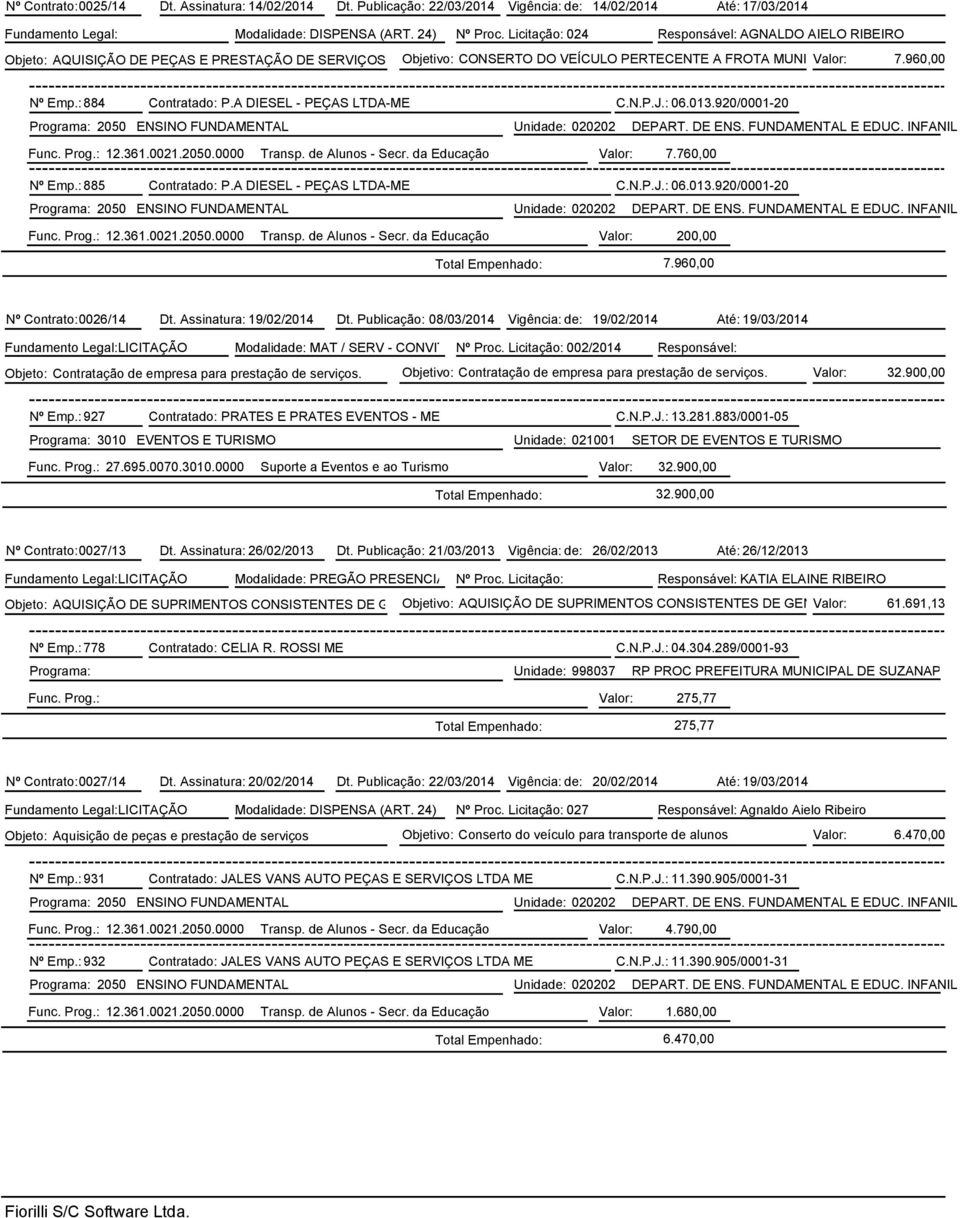 : 884 Contratado: P.A DIESEL - PEÇAS LTDA-ME C.N.P.J.: 06.013.920/0001-20 Programa: 2050 ENSINO FUNDAMENTAL Unidade: 020202 DEPART. DE ENS. FUNDAMENTAL E EDUC. INFANIL Func. Prog.: 12.361.0021.2050.0000 Transp.