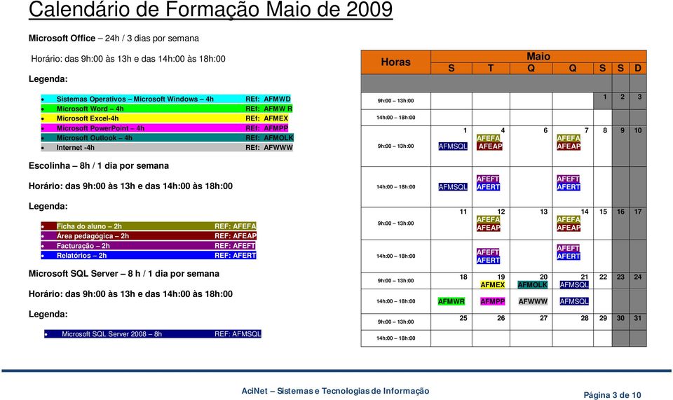 Área pedagógica 2h REF: Facturação 2h REF: Relatórios 2h REF: Microsoft SQL Server 2008