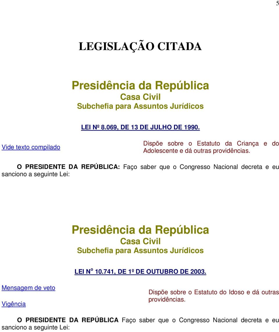 O PRESIDENTE DA REPÚBLICA: Faço saber que o Congresso Nacional decreta e eu sanciono a seguinte Lei: Presidência da República Casa Civil Subchefia para