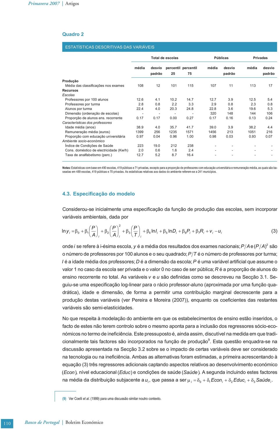 8 Alunos por turma 22.4 4.0 20.3 24.8 22.8 3.6 19.6 5.3 Dmensão (ordenação de escolas) - - - - 320 148 144 106 Proporção de alunos ens. recorrente 0.17 0.17 0.00 0.27 0.17 0.16 0.13 0.