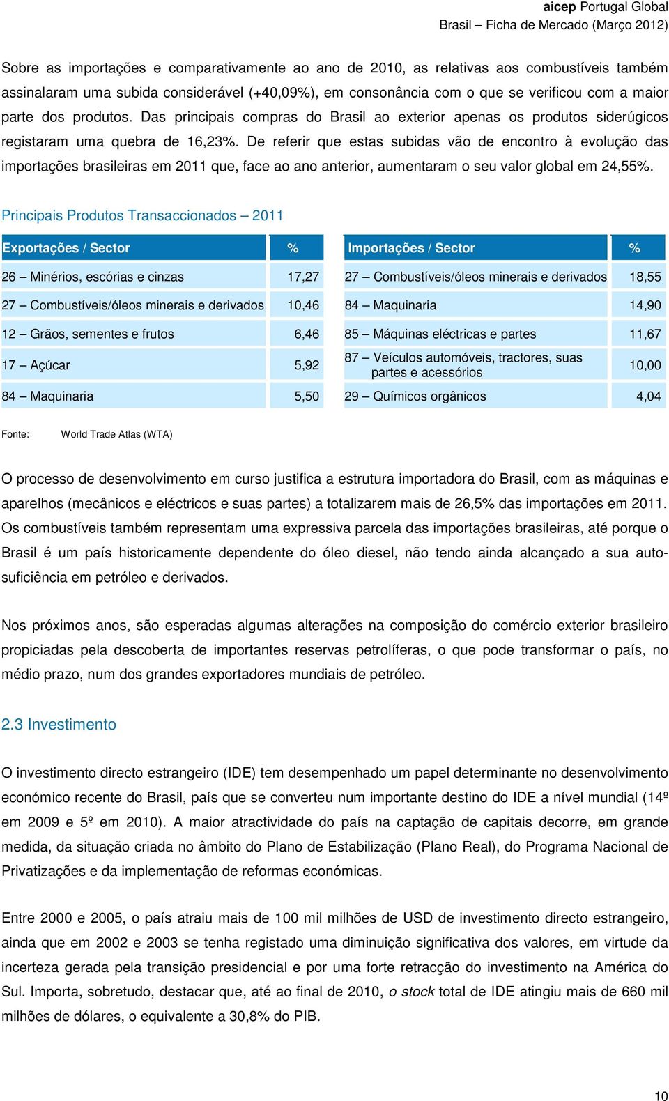 De referir que estas subidas vão de encontro à evolução das importações brasileiras em 2011 que, face ao ano anterior, aumentaram o seu valor global em 24,55%.