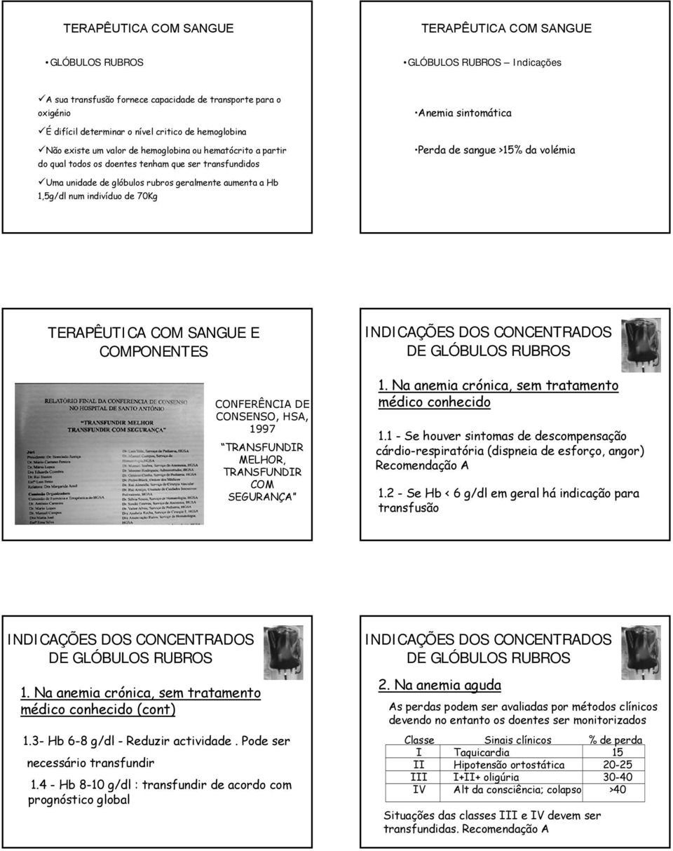 CONFERÊNCIA DE CONSENSO, HSA, 1997 TRANSFUNDIR MELHOR, TRANSFUNDIR COM SEGURANÇA INDICAÇÕES DOS CONCENTRADOS DE GLÓBULOS RUBROS 1. Na anemia crónica, sem tratamento médico conhecido 1.