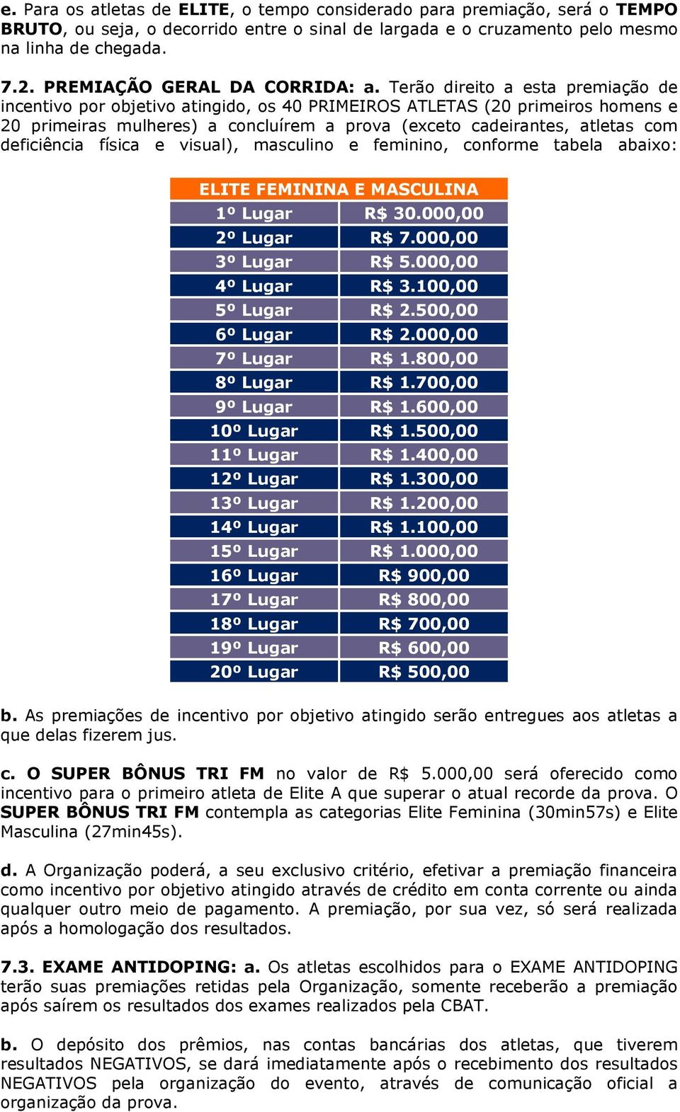 Terão direito a esta premiação de incentivo por objetivo atingido, os 40 PRIMEIROS ATLETAS (20 primeiros homens e 20 primeiras mulheres) a concluírem a prova (exceto cadeirantes, atletas com