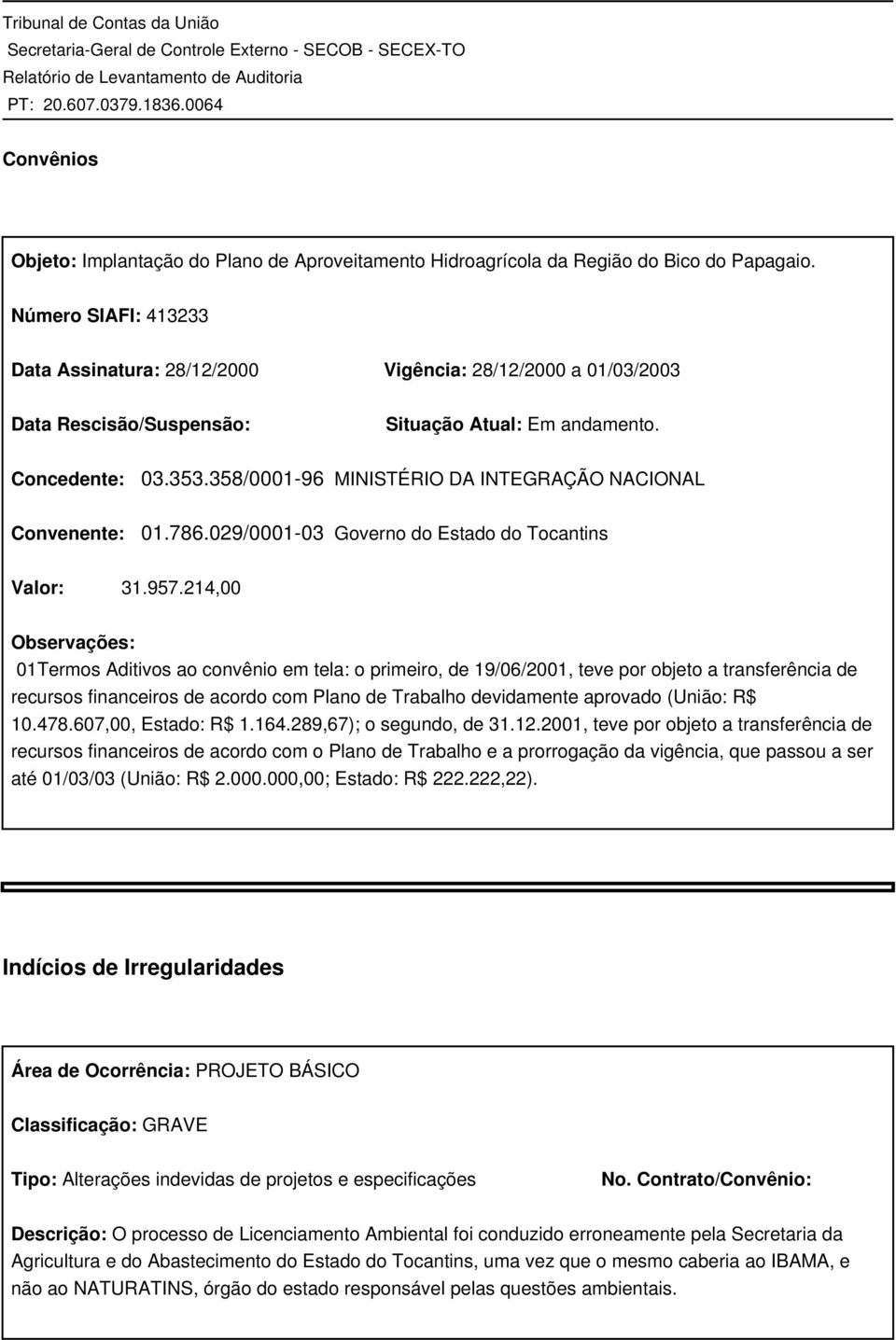 358/0001-96 MINISTÉRIO DA INTEGRAÇÃO NACIONAL Convenente: 01.786.029/0001-03 Governo do Estado do Tocantins Valor: 31.957.