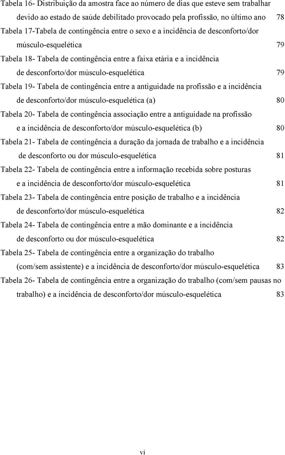 de contingência entre a antiguidade na profissão e a incidência de desconforto/dor músculo-esquelética (a) 80 Tabela 20- Tabela de contingência associação entre a antiguidade na profissão e a