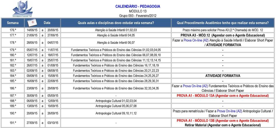 º 28/06/15 a 04/07/15 Atenção à Saúde Infantil 06,07 Fazer a Prova On-line (A2) Atenção à Saúde Infantil / Elaborar Short Paper / ATIVIDADE FORMATIVA 179.