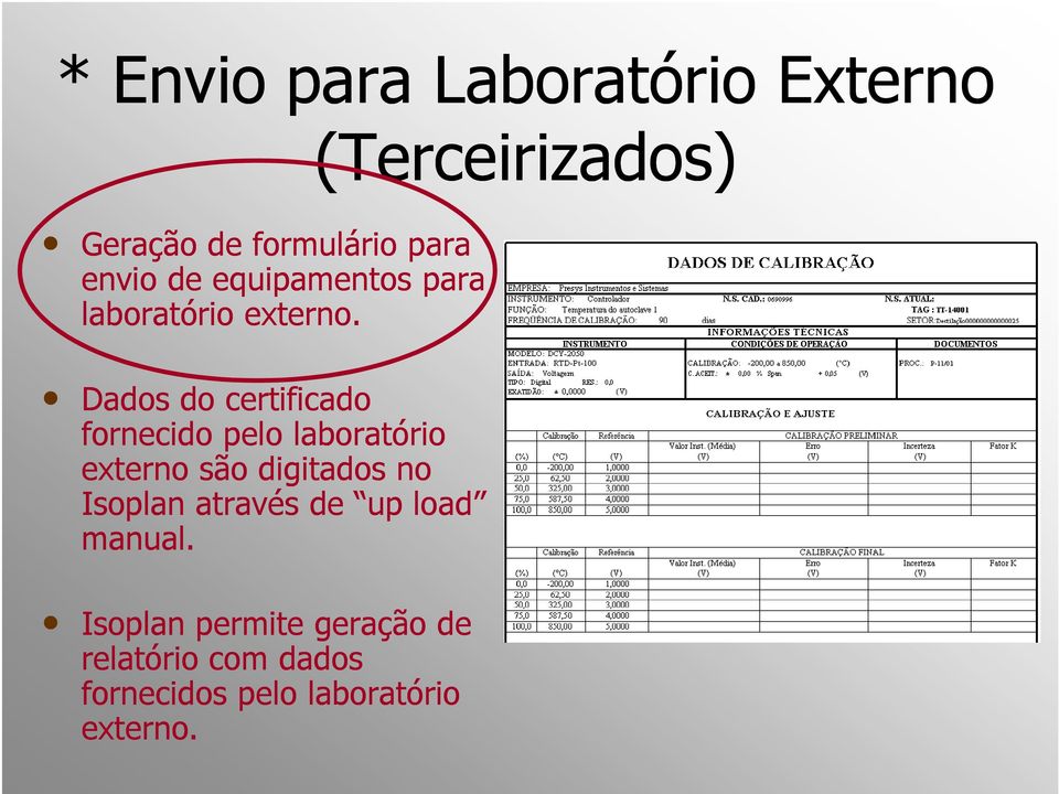 Dados do certificado fornecido pelo laboratório externo são digitados no