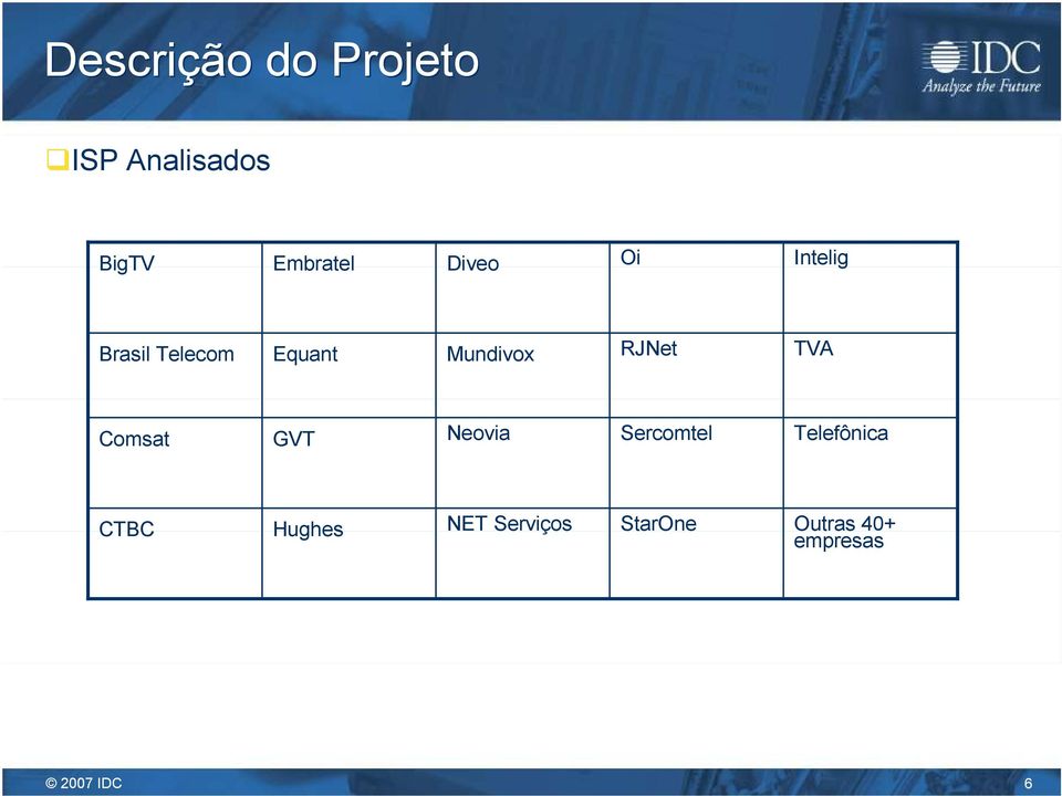 RJNet TVA Comsat GVT Neovia Sercomtel Telefônica