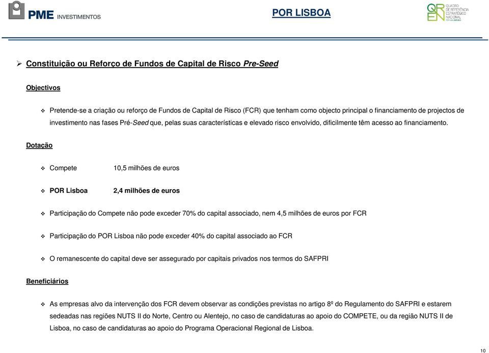 Dotação Compete 10,5 milhões de euros POR Lisboa 2,4 milhões de euros Participação do Compete não pode exceder 70% do capital associado, nem 4,5 milhões de euros por FCR Participação do POR Lisboa