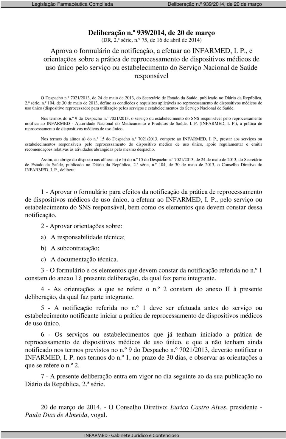 º 7021/2013, de 24 de maio de 2013, do Secretário de Estado da Saúde, publicado no Diário da República, 2.ª série, n.