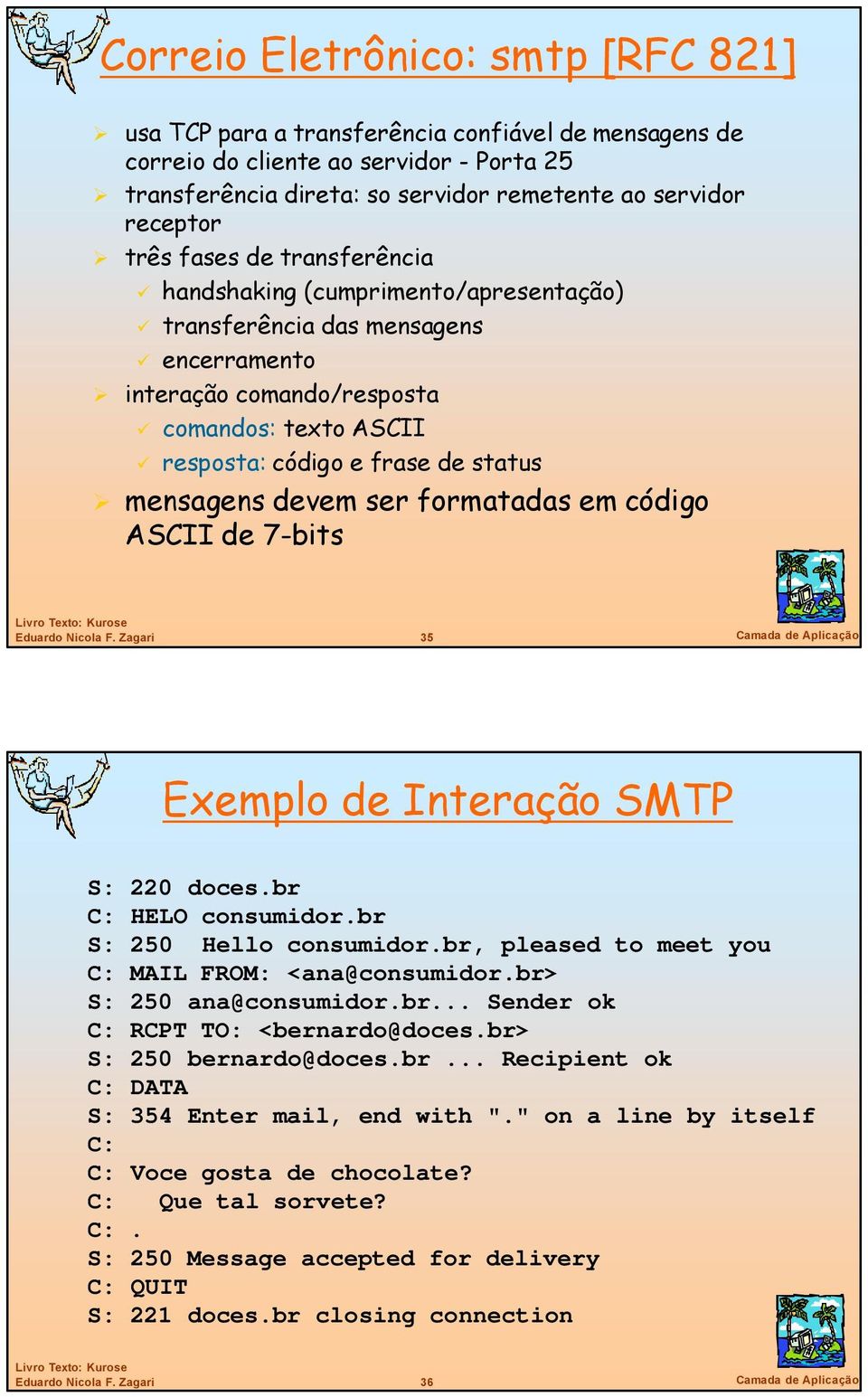 código ASCII de 7-bits 35 Camada de Aplicação Exemplo de Interação SMTP S: 220 doces.br C: HELO consumidor.br S: 250 Hello consumidor.br, pleased to meet you C: MAIL FROM: <ana@consumidor.