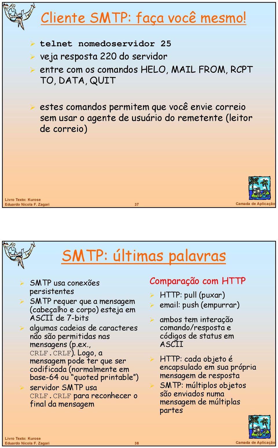 correio) 37 Camada de Aplicação SMTP: últimas palavras SMTP usa conexões persistentes SMTP requer que a mensagem (cabeçalho e corpo) esteja em ASCII de 7-bits algumas cadeias de caracteres não são