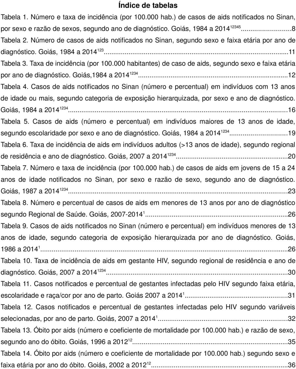 000 habitantes) de caso de aids, segundo sexo e faixa etária por ano de diagnóstico. Goiás,1984 a 2014 1234...12 Tabela 4.