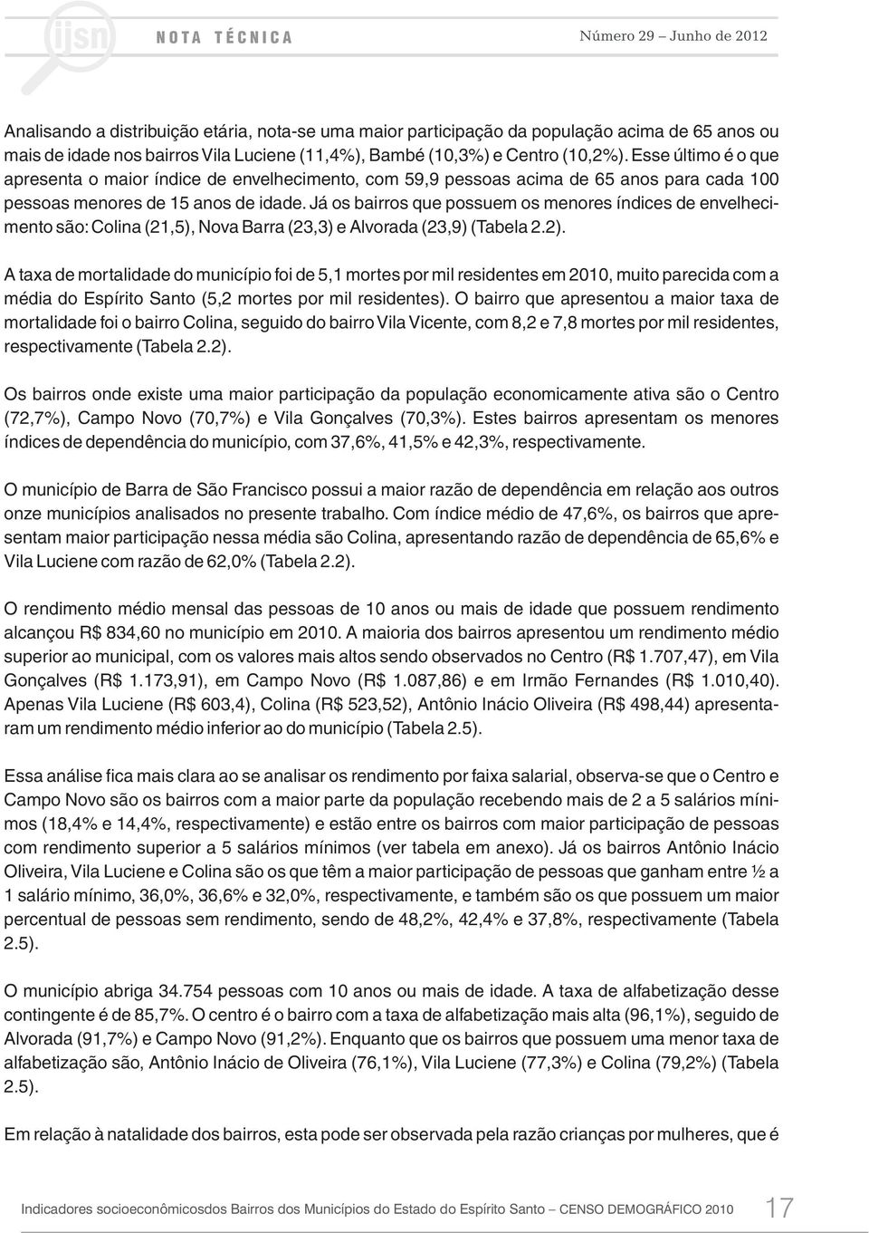 Já os bairros que possuem os menores índices de envelhecimento são: Colina (21,5), Nova Barra (23,3) e Alvorada (23,9) (Tabela 2.2).