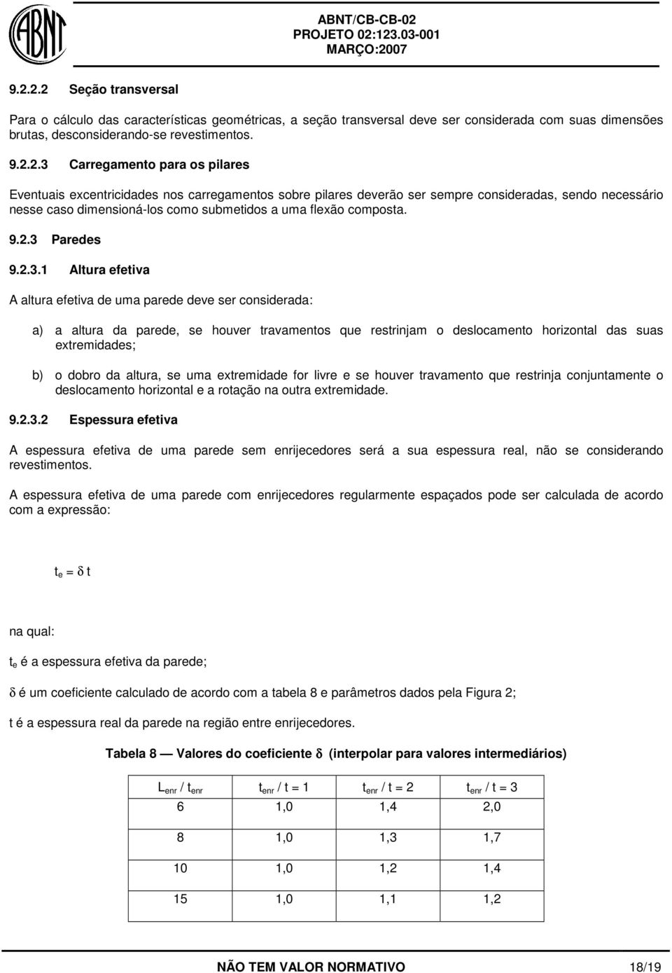 3 Paredes 9.2.3.1 Altura efetiva A altura efetiva de uma parede deve ser considerada: a) a altura da parede, se houver travamentos que restrinjam o deslocamento horizontal das suas extremidades; b) o