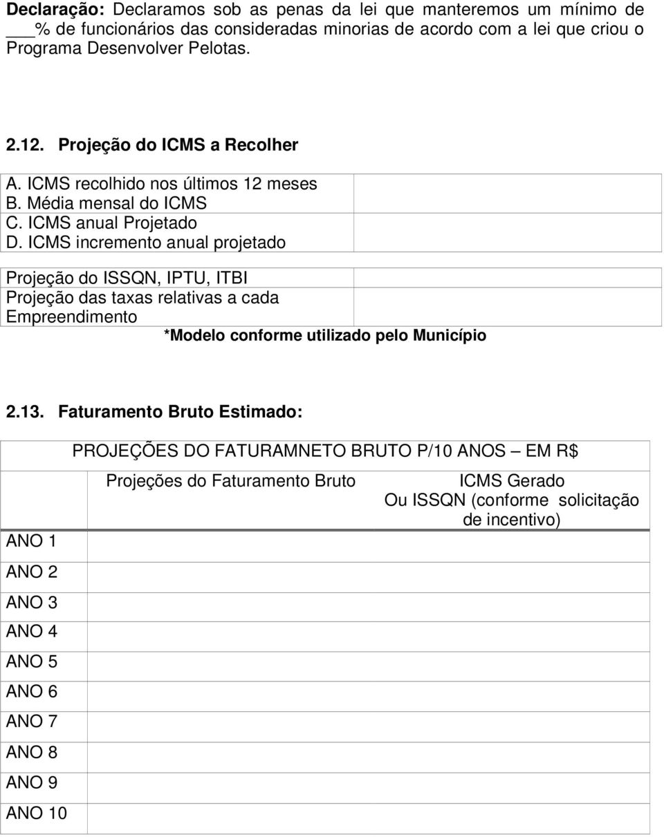 ICMS incremento anual projetado Projeção do ISSQN, IPTU, ITBI Projeção das taxas relativas a cada Empreendimento *Modelo conforme utilizado pelo Município 2.13.