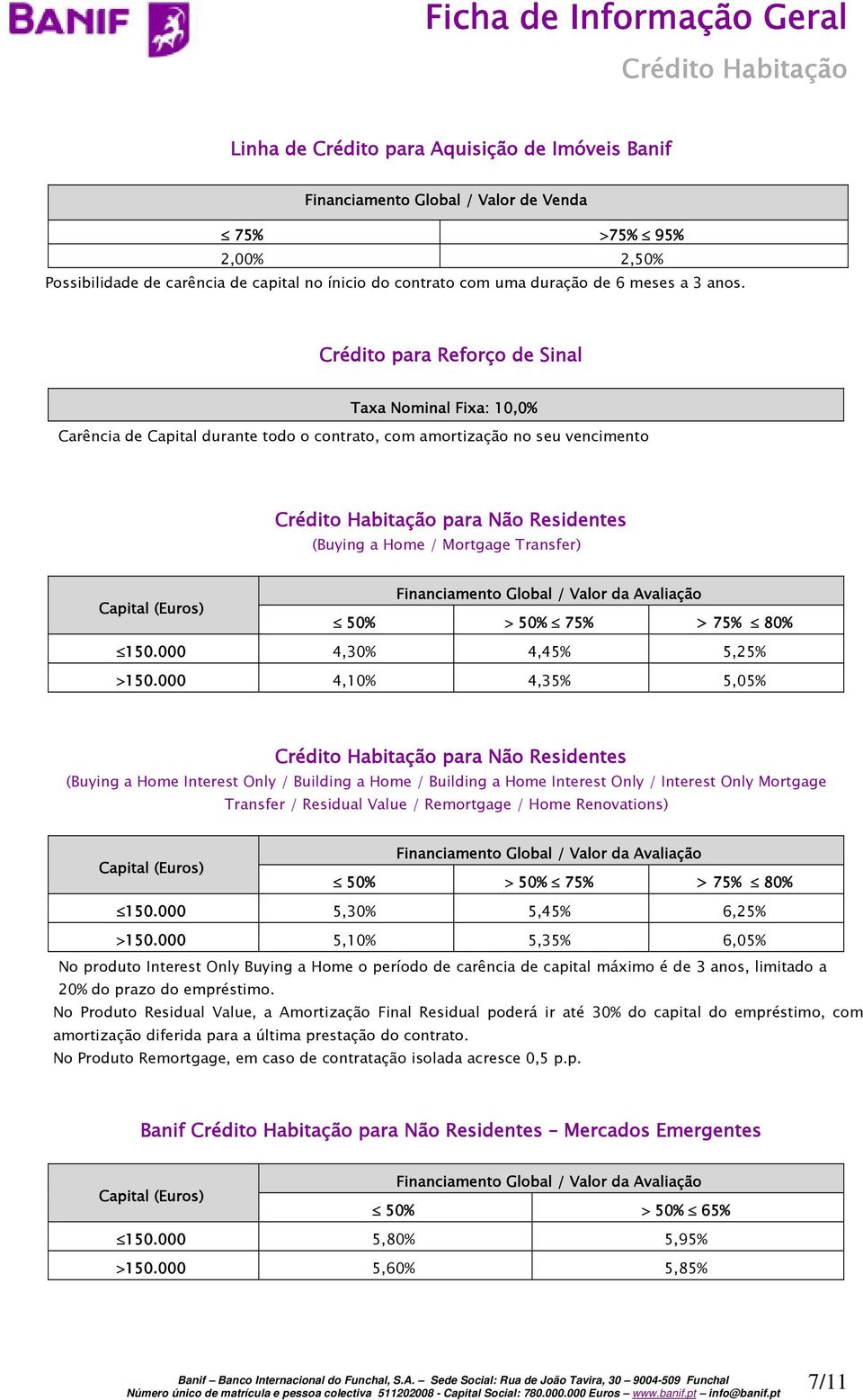 Crédito para Reforço de Sinal Taxa Nominal Fixa: 10,0% Carência de Capital durante todo o contrato, com amortização no seu vencimento para Não Residentes (Buying a Home / Mortgage Transfer) Capital