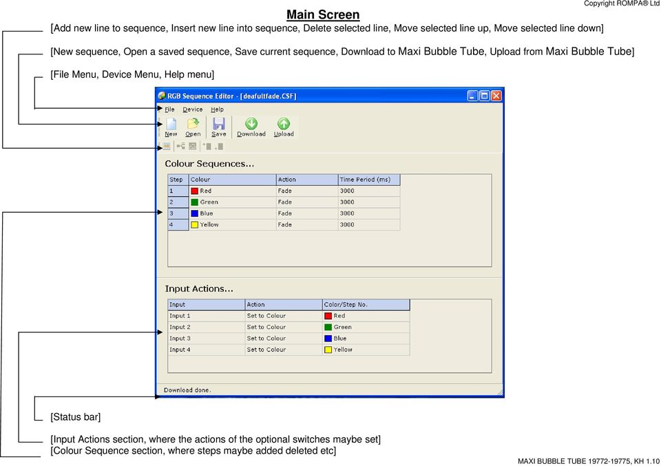 Maxi Bubble Tube, Upload from Maxi Bubble Tube] [File Menu, Device Menu, Help menu] [Status bar] [Input Actions