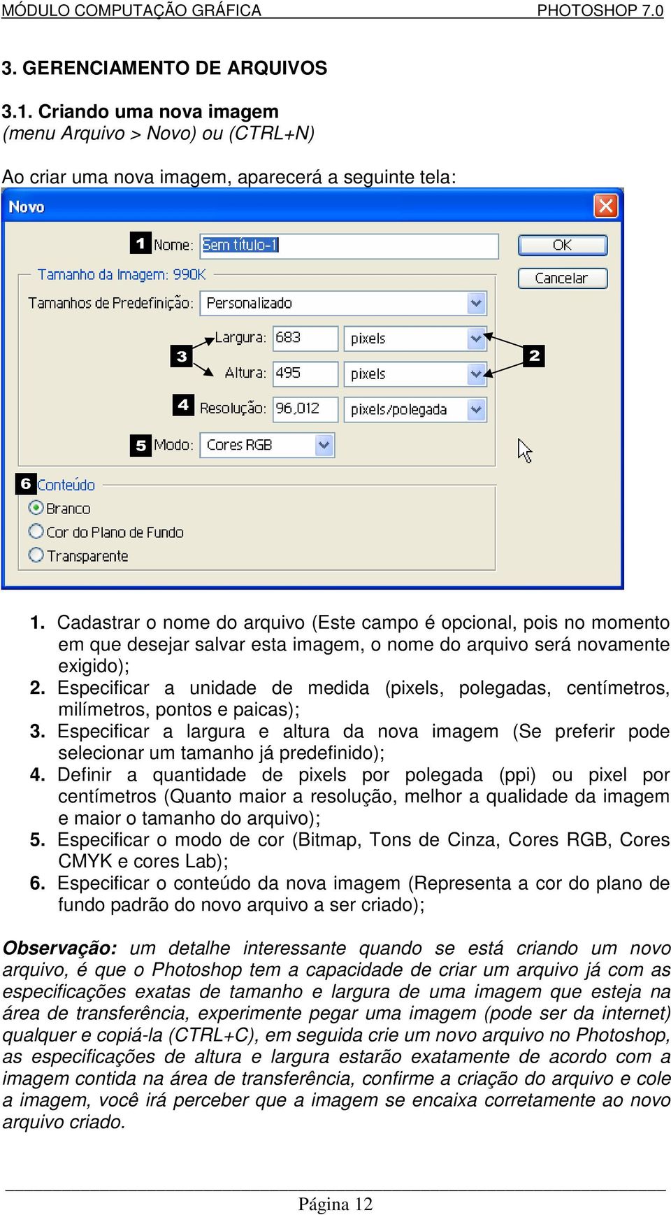 Especificar a unidade de medida (pixels, polegadas, centímetros, milímetros, pontos e paicas); 3.