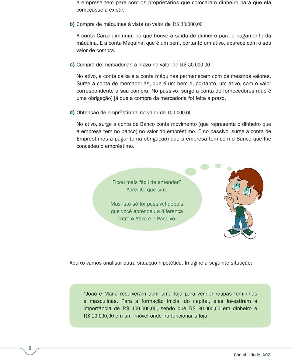 c) Compra de mercadorias a prazo no valor de R$ 50.000,00 No ativo, a conta caixa e a conta máquinas permanecem com os mesmos valores.