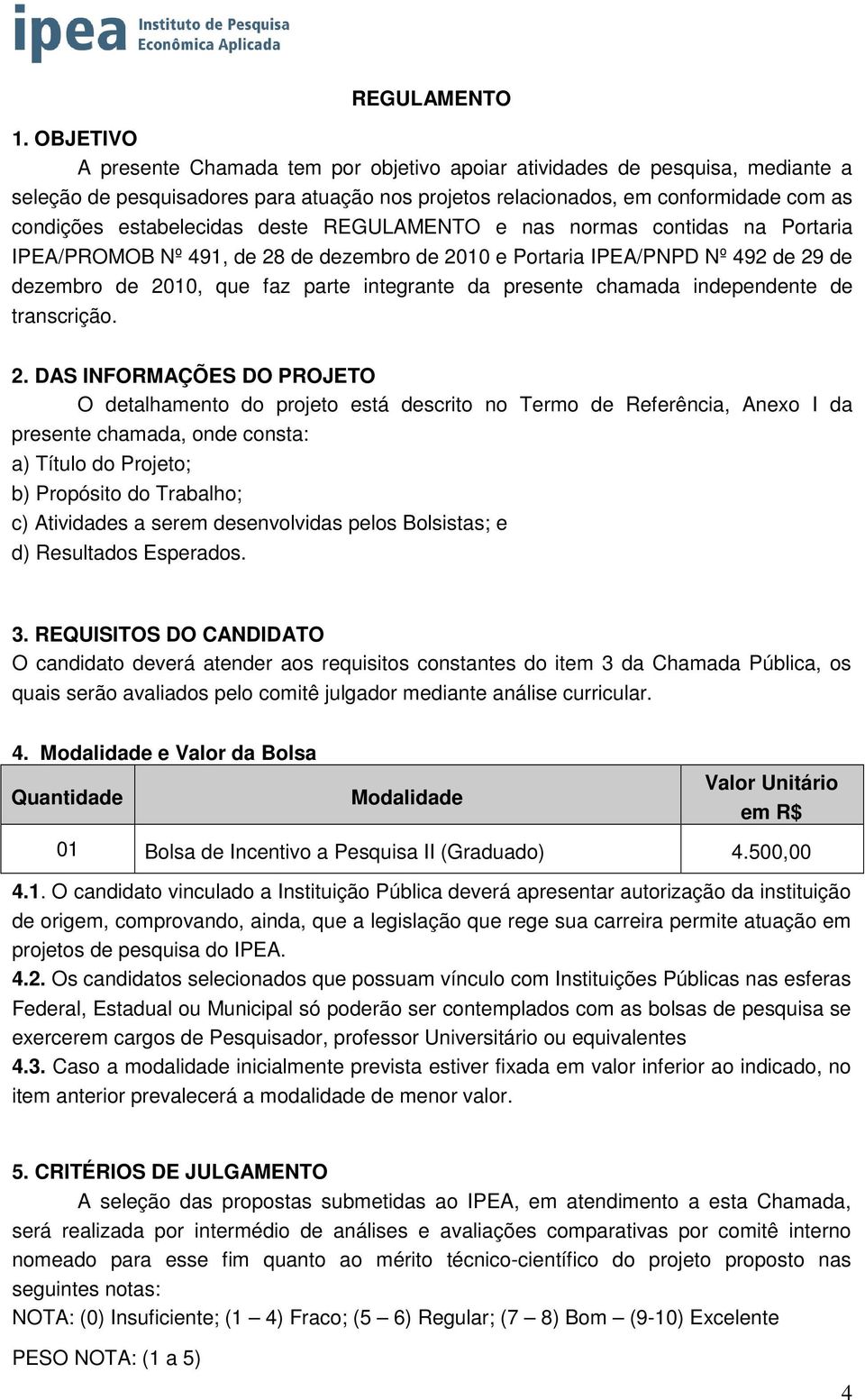 deste REGULAMENTO e nas normas contidas na Portaria IPEA/PROMOB Nº 491, de 28 de dezembro de 2010 e Portaria IPEA/PNPD Nº 492 de 29 de dezembro de 2010, que faz parte integrante da presente chamada