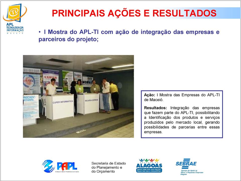 Resultados: Integração das empresas que fazem parte do APL-TI, possibilitando a