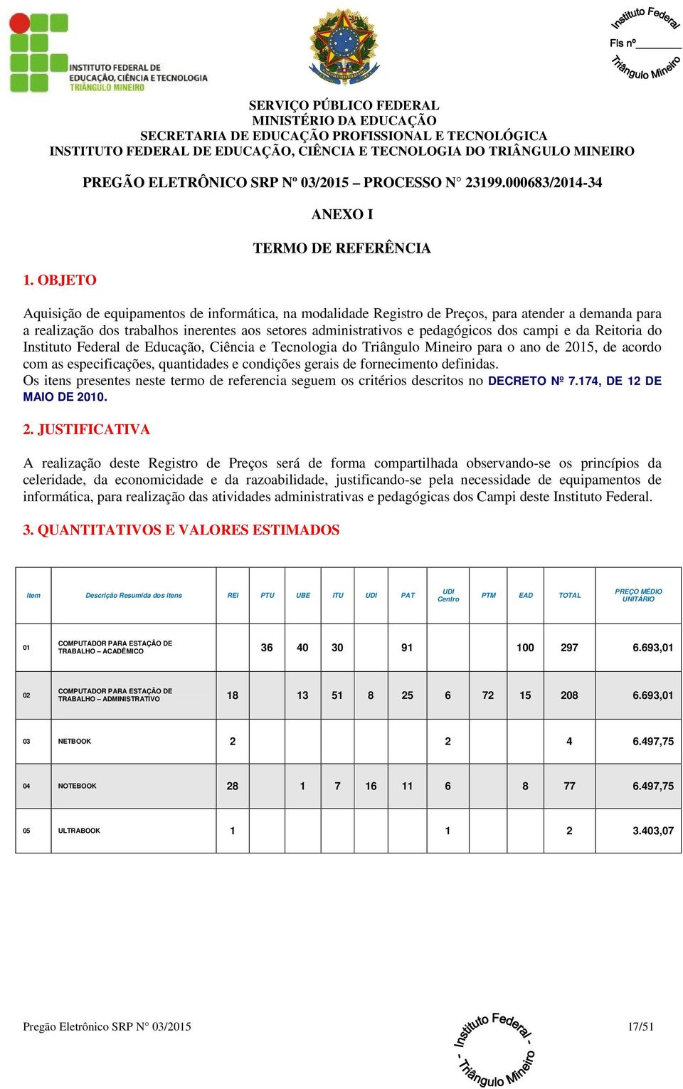 administrativos e pedagógicos dos campi e da Reitoria do Instituto Federal de Educação, Ciência e Tecnologia do Triângulo Mineiro para o ano de 2015, de acordo com as especificações, quantidades e