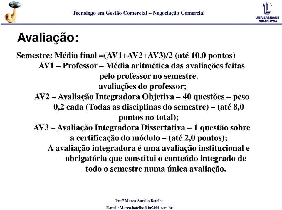 avaliações do professor; AV2 Avaliação Integradora Objetiva 40 questões peso 0,2 cada (Todas as disciplinas do semestre) (até 8,0