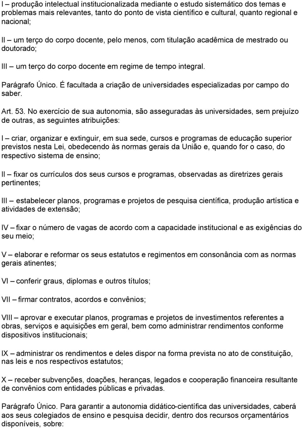 É facultada a criação de universidades especializadas por campo do saber. Art. 53.