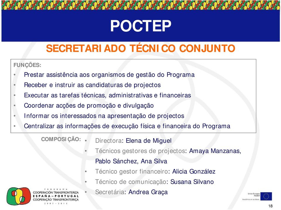 apresentação de projectos Centralizar as informações de execução física e financeira do Programa COMPOSIÇÃO: Directora: Elena de Miguel Técnicos