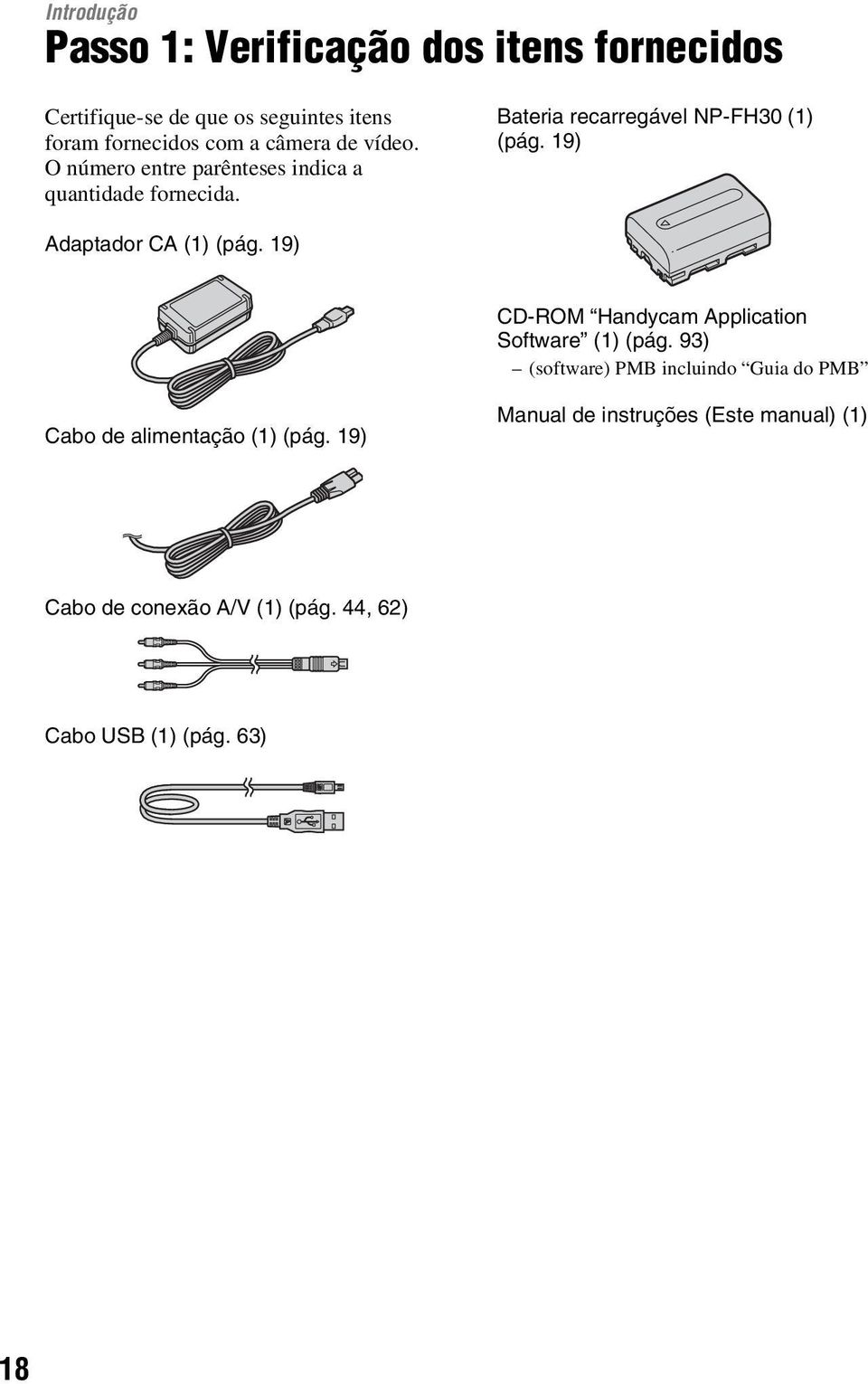 19) Adaptador CA (1) (pág. 19) CD-ROM Handycam Application Software (1) (pág.