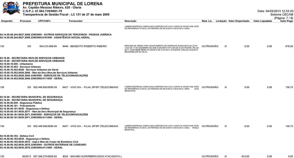 698-09 8449 - BENEDITO ROBERTO RIBEIRO REPASSE DE VERBA PARA ADIANTAMENTO DE DESPESAS ELENCADAS NA LEI Nº 3.322 DE 17 DE DEZEMBRO DE 2009 E DECRETO Nº 6.