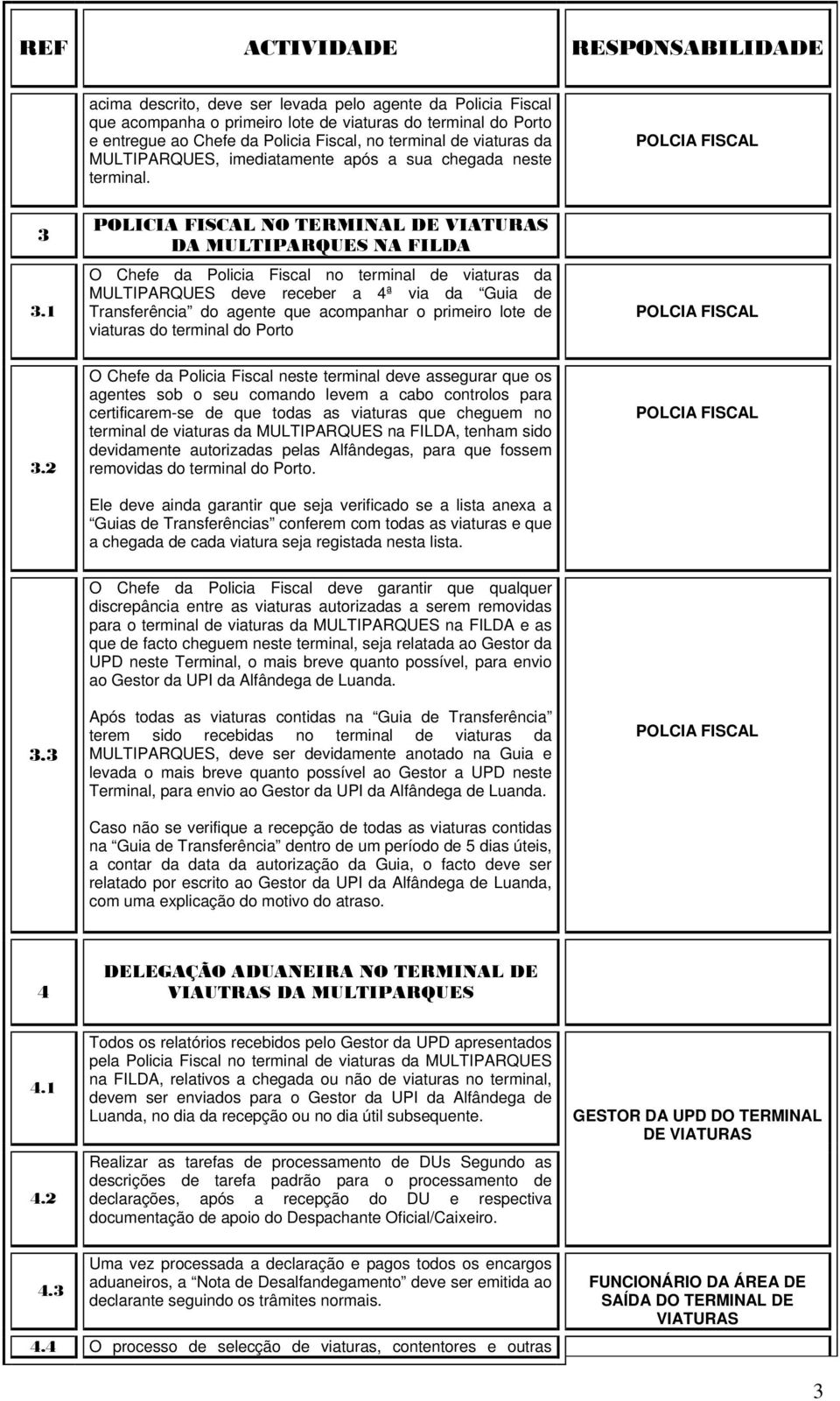 1 POLICIA FISCAL NO TERMINAL DE VIATURAS DA NA FILDA O Chefe da Policia Fiscal no terminal de viaturas da deve receber a 4ª via da Guia de Transferência do agente que acompanhar o primeiro lote de