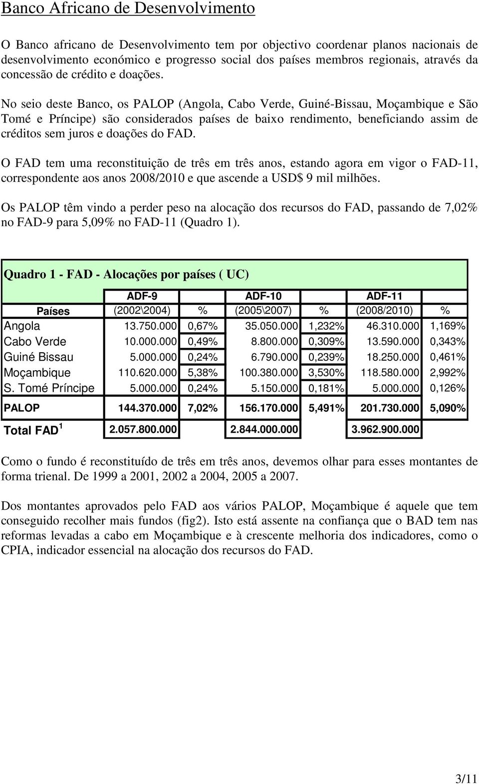 No seio deste Banco, os (Angola, Cabo Verde, Guiné-Bissau, Moçambique e São Tomé e Príncipe) são considerados países de baixo rendimento, beneficiando assim de créditos sem juros e doações do FAD.