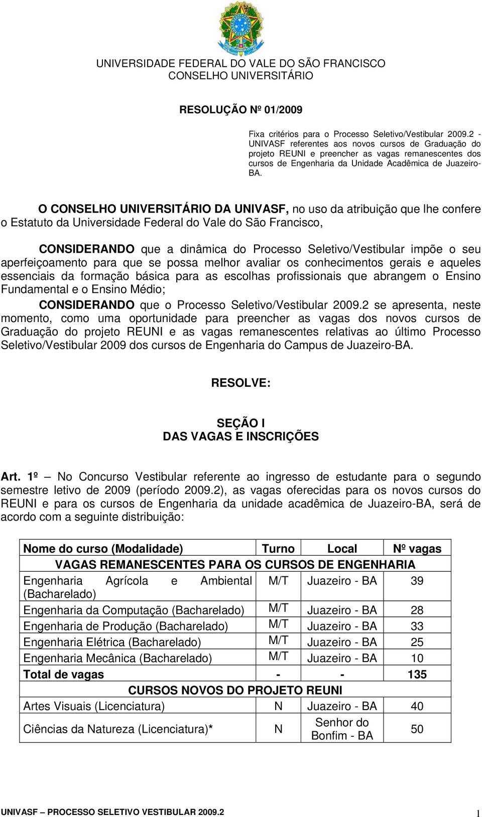 O DA UNIVASF, no uso da atribuição que lhe confere o Estatuto da Universidade Federal do Vale do São Francisco, CONSIDERANDO que a dinâmica do Processo Seletivo/Vestibular impõe o seu aperfeiçoamento