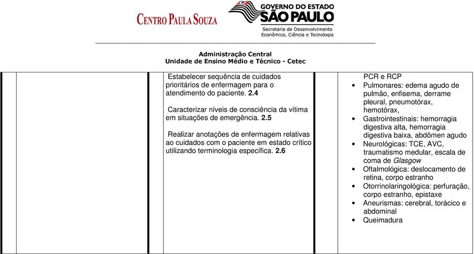 5 Realizar anotações de enfermagem relativas ao cuidados com o paciente em estado crítico utilizando terminologia específica. 2.