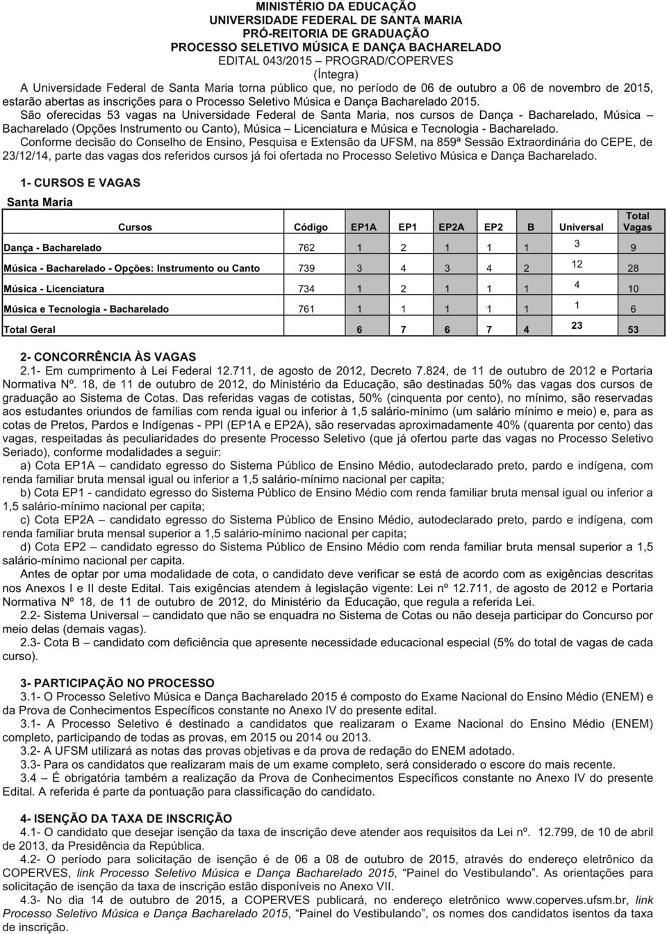 São oferecidas 53 vagas na Universidade Federal de Santa Maria, nos cursos de Dança Z Bacharelado, Música Bacharelado(OpçõesInstrumentoouCanto),Música LicenciaturaeMúsicaeTecnologiaZBacharelado.