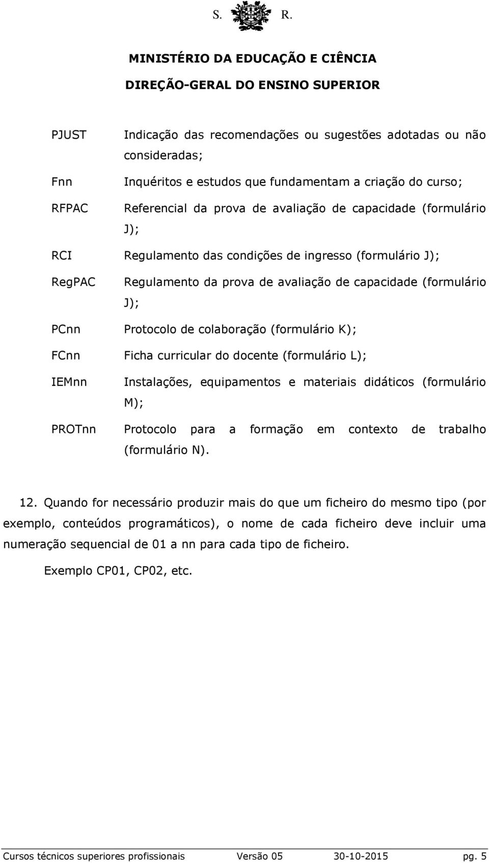 Ficha curricular do docente (formulário L); Instalações, equipamentos e materiais didáticos (formulário M); PROTnn Protocolo para a formação em contexto de trabalho (formulário N). 12.