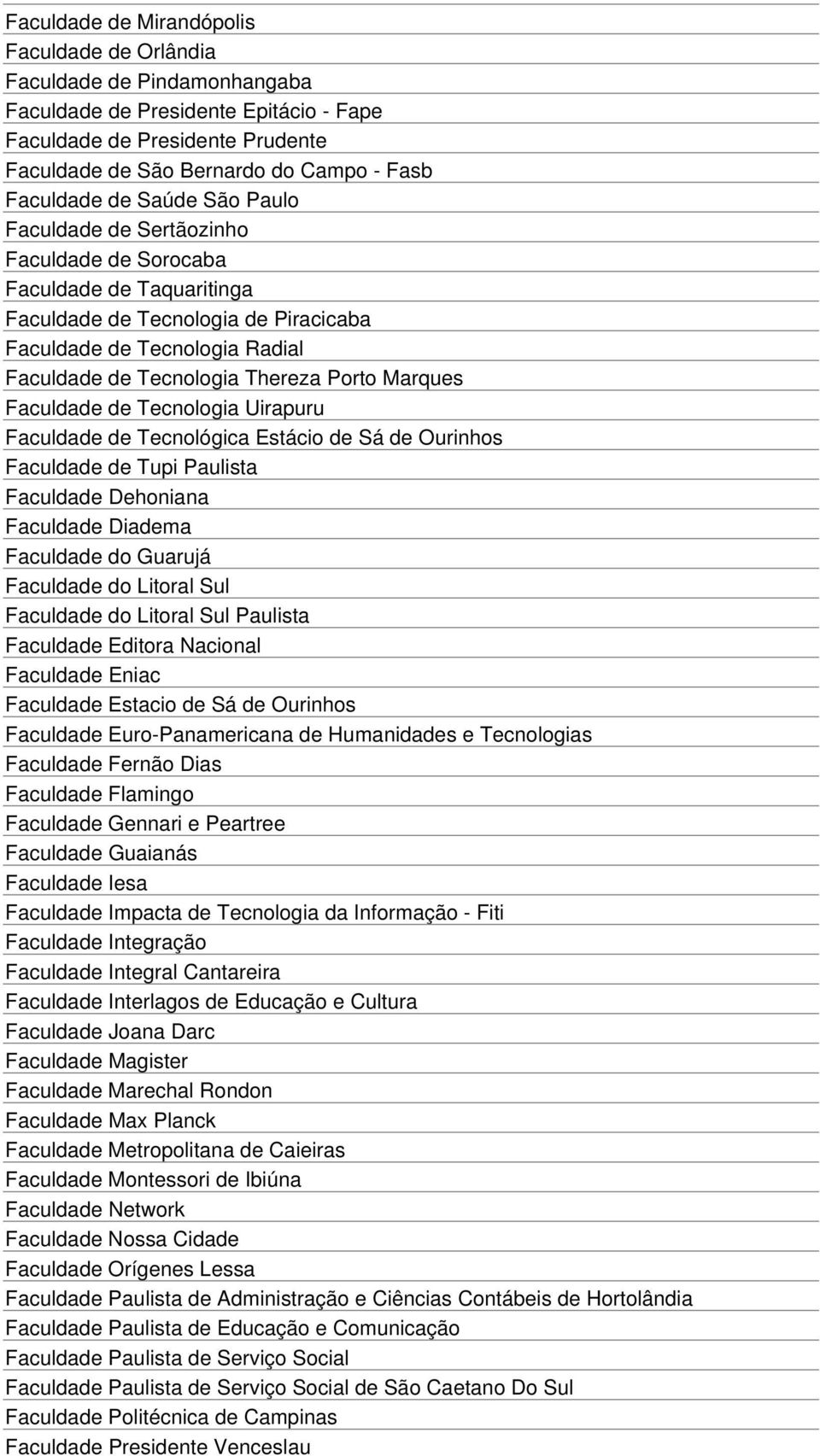 Thereza Porto Marques Faculdade de Tecnologia Uirapuru Faculdade de Tecnológica Estácio de Sá de Ourinhos Faculdade de Tupi Paulista Faculdade Dehoniana Faculdade Diadema Faculdade do Guarujá