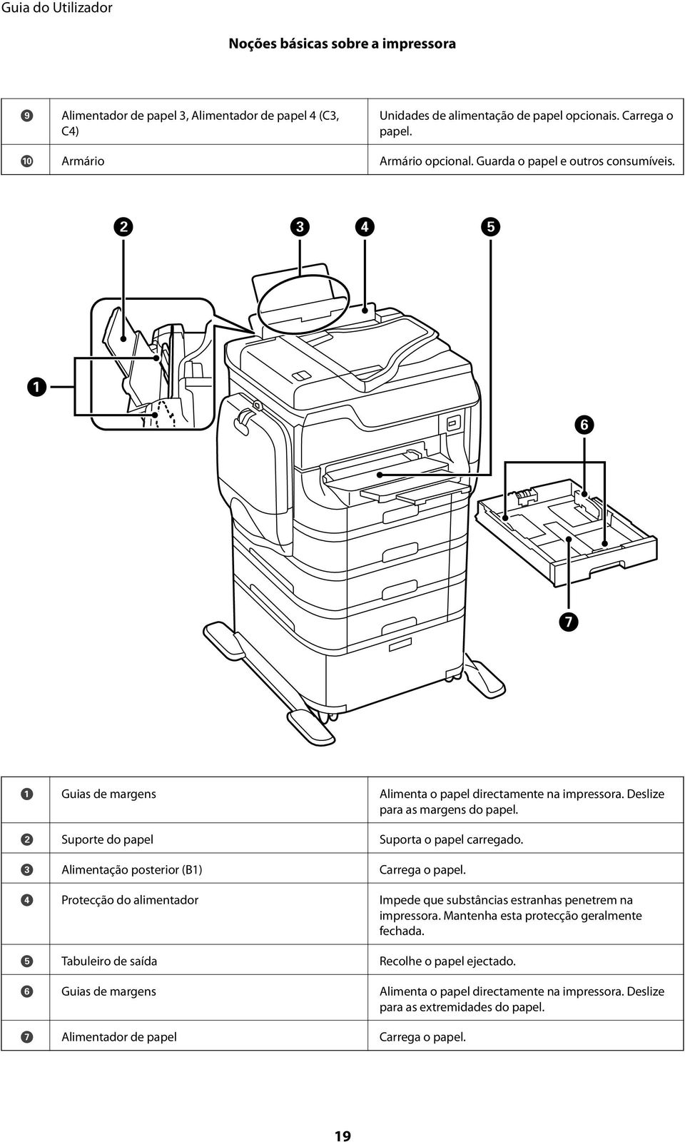 C Alimentação posterior (B1) Carrega o papel. D Protecção do alimentador Impede que substâncias estranhas penetrem na impressora. Mantenha esta protecção geralmente fechada.