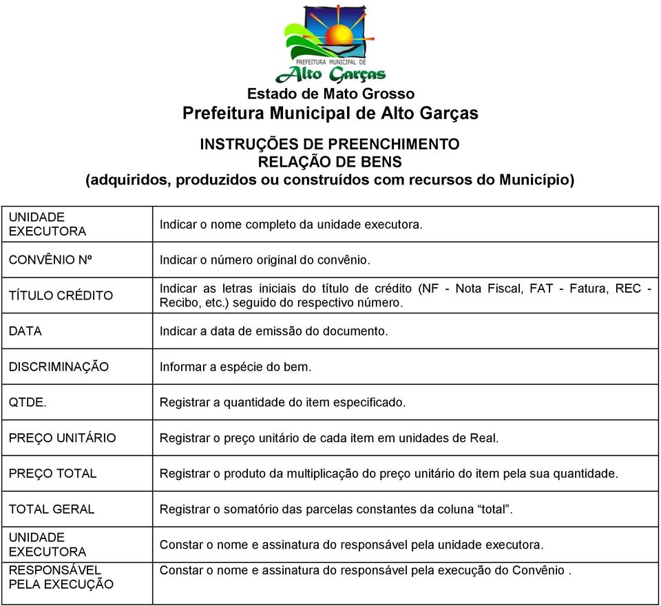 Indicar a data de emissão do documento. DISCRIMINAÇÃO Informar a espécie do bem. QTDE. Registrar a quantidade do item especificado.