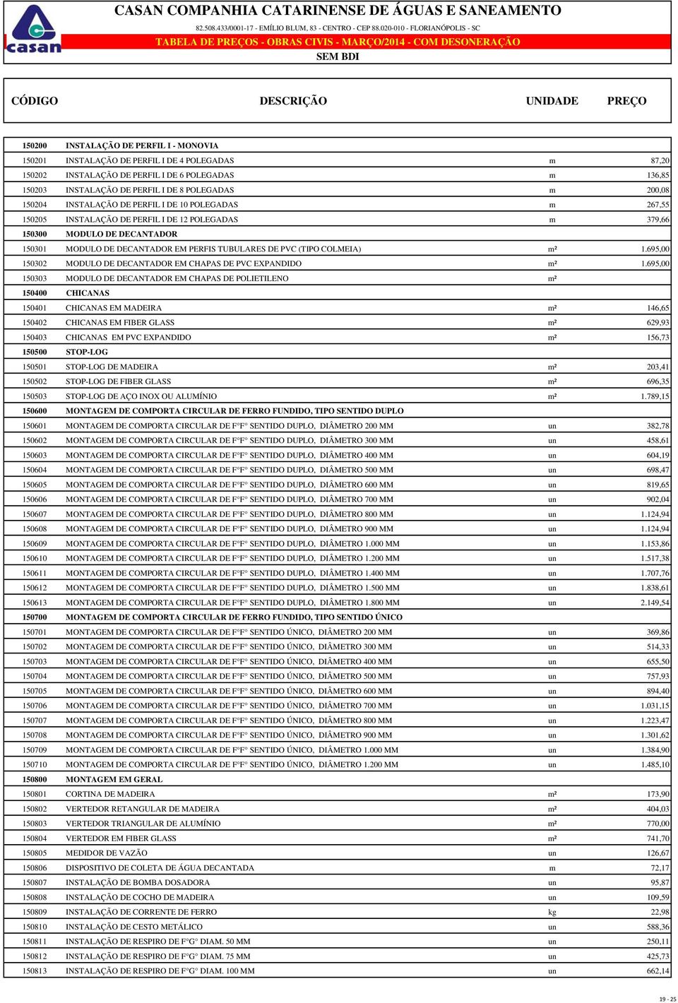 (TIPO COLMEIA) m² 1.695,00 150302 MODULO DE DECANTADOR EM CHAPAS DE PVC EXPANDIDO m² 1.