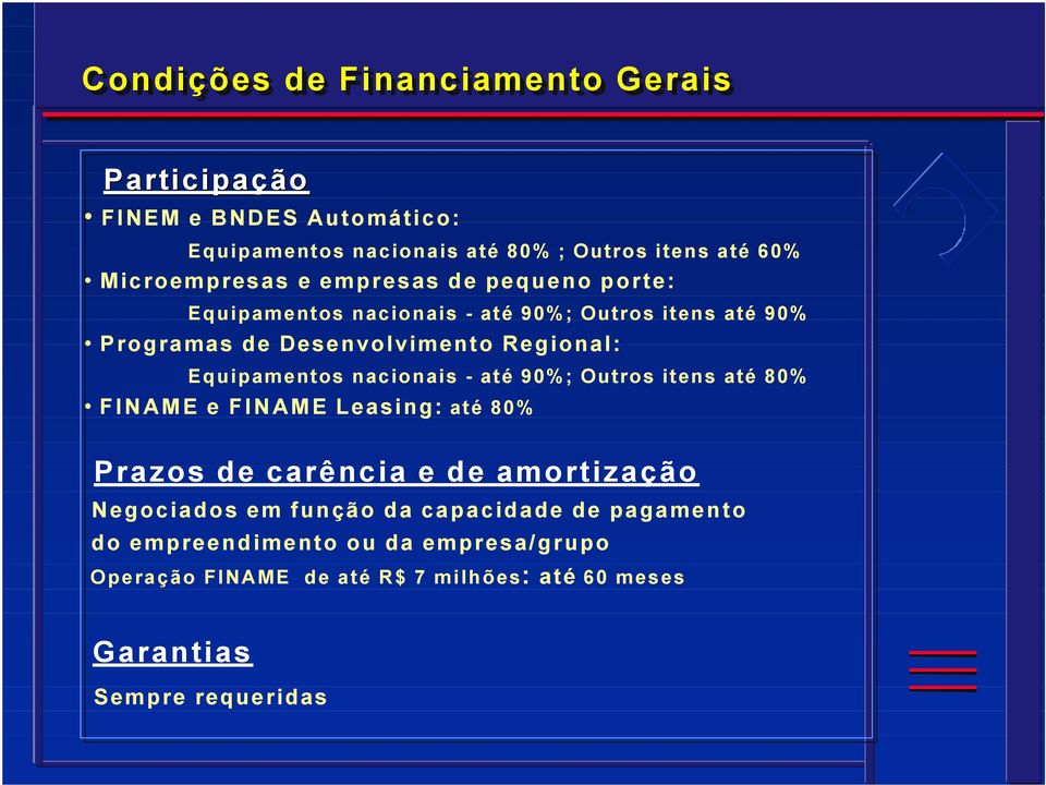 Equipamentos nacionais - até 90%; Outros itens até 80% FINAME e FINAME Leasing: até 80% Prazos de carência e de amortização Negociados em